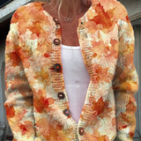 Bruna | Cardigan autunnale con stampa di foglie d'acero e bottoni