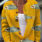 Marisa | Cardigan vintage con stampa di pesci e bottoni