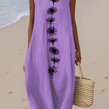 Adriana | Abito midi viola con ricamo floreale