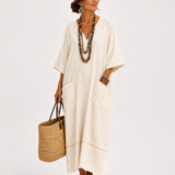 Fiorella | Caftano lungo beige a righe