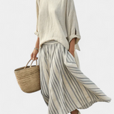 Orietta | Completo in lino di bambù con gonna midi a righe