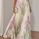 Isabella | Abito lungo plissettato in chiffon bianco a fiori