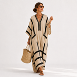 Silvana | Caftano lungo beige a righe nere