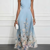 Costanza | Abito lungo in chiffon con fiori blu
