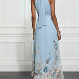 Costanza | Abito lungo in chiffon con fiori blu