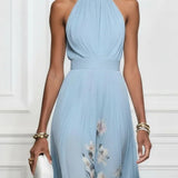 Costanza | Abito lungo in chiffon con fiori blu