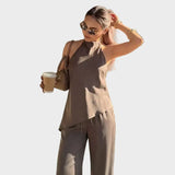 Tatiana | Completo elegante in raso con blusa asimmetrica