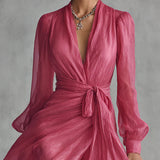 Nora | Abito lungo elegante in chiffon con scollo a V e cintura da annodare