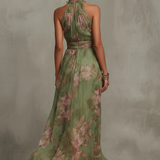 Gloria | Abito lungo in chiffon verde a fiori con schiena scoperta
