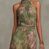 Gloria | Abito lungo in chiffon verde a fiori con schiena scoperta