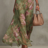 Gloria | Abito lungo in chiffon verde a fiori con schiena scoperta