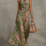 Gloria | Abito lungo in chiffon verde a fiori con schiena scoperta