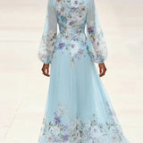 Mia | Abito lungo in chiffon azzurro a fiori con scollo a V