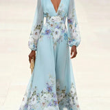 Mia | Abito lungo in chiffon azzurro a fiori con scollo a V