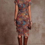 Ivana | Abito midi plissettato boho con scollo a cuore e stampa astratta