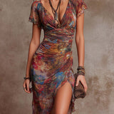 Ivana | Abito midi plissettato boho con scollo a cuore e stampa astratta