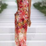Valentina | Abito lungo senza maniche in chiffon rosso a fiori