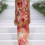 Valentina | Abito lungo senza maniche in chiffon rosso a fiori