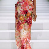 Valentina | Abito lungo senza maniche in chiffon rosso a fiori