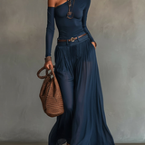 Adele | Completo con top a spalle scoperte e gonna blu navy