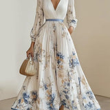 Marilena | Abito lungo in chiffon bianco a fiori con maniche ampie